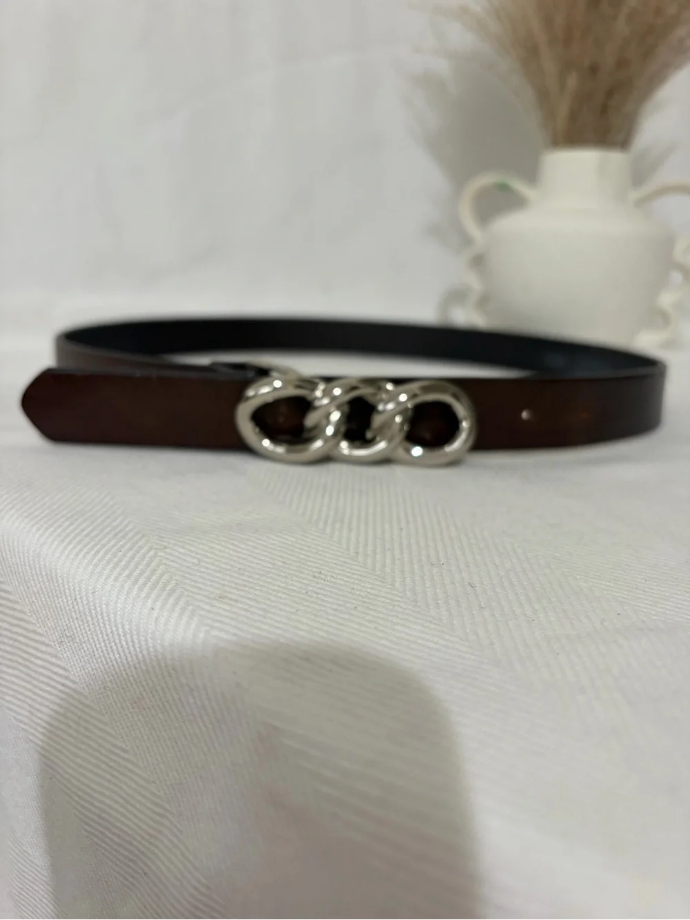 LANDES Brown Leather Women Belt Metal Silver Chain Buckle Statement Chunky S/P